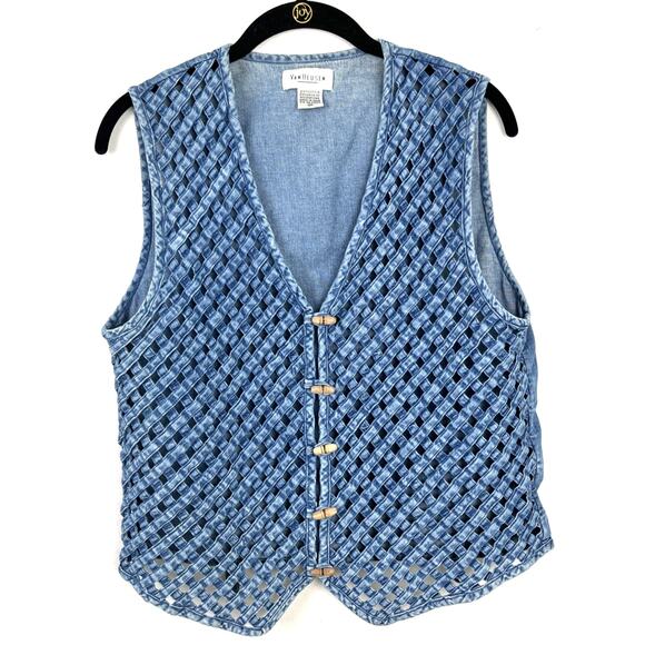 Van Heusen Other - Vintage Woven Lattice Denim Vest Wood Toggle Button Boho Cowgirl Cottagecore M